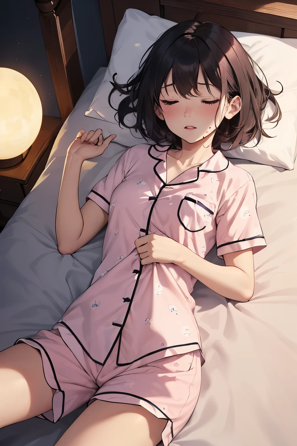 1 woman, short red hair, brown eyes, wearing a a sexy pijama. She wears a necklace with a Catholic cross. in a room, absurdness, high res, ultrasharp, 8K, masterpiece, looking at viewer. sleeping on the bed. sexy