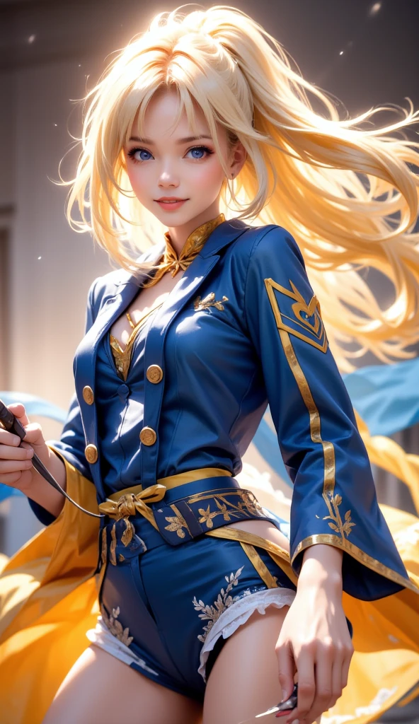 officer、long golden hair、Smile、Short skirt、White gloves、pistol,Teenage Girl