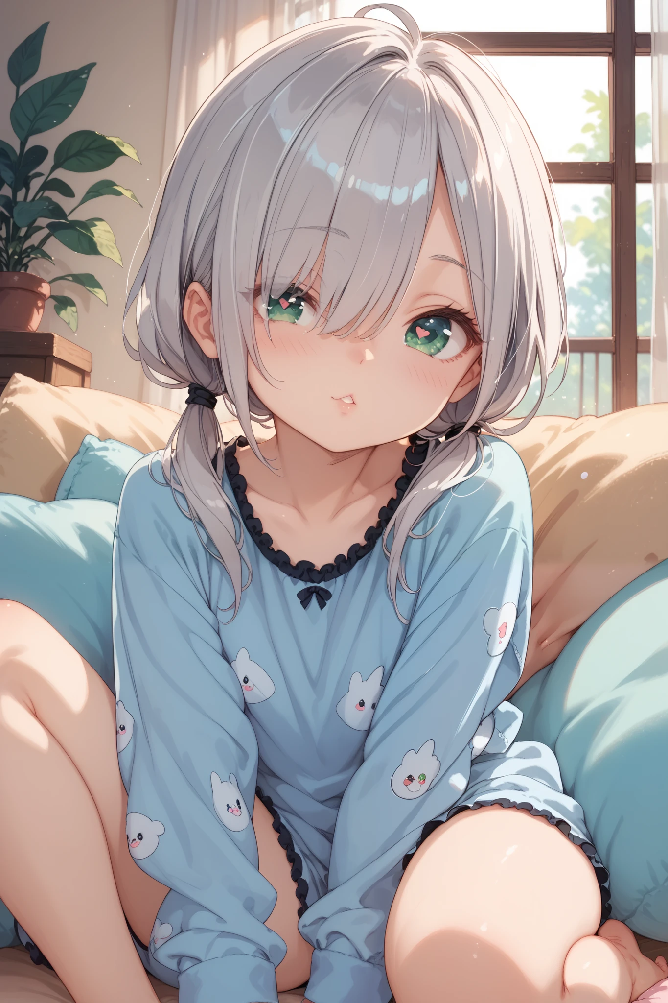 living room,petite girl,silver hair,green eyes,low twintails,hair over one eye,furrowed brow,pajamas,face,face focus,heart eyes