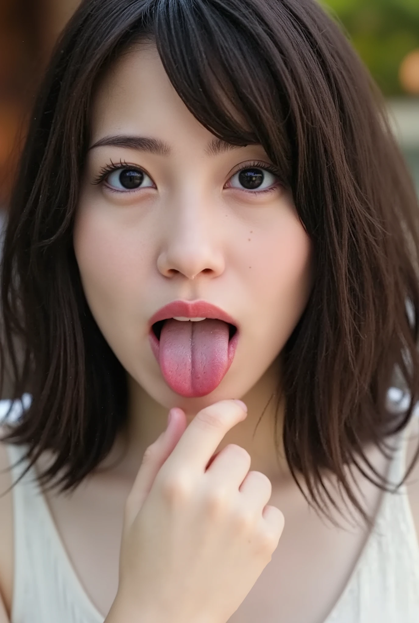 (( best quality )), ((masterpiece)), ( details), first-person view ,1 girl, sexy,( Bring Your Face Closer ),((I'm opening my mouth wide to show my tongue , Drool dripping from mouth.)),((underwear)), short hair, without makeup