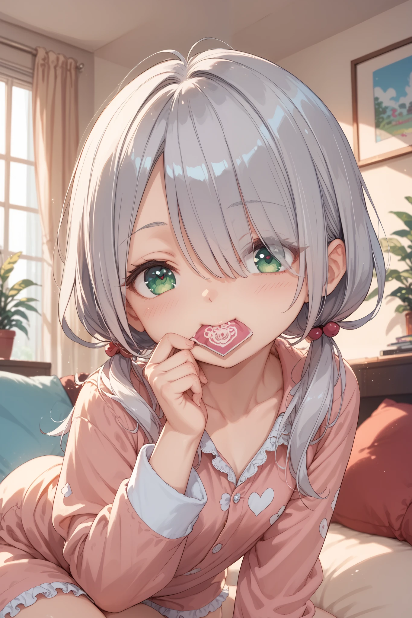 living room,ite girl,silver hair,green eyes,low twintails,hair over one eye,furrowed brow,pajamas,face,face focus,heart eye,Δ mouth