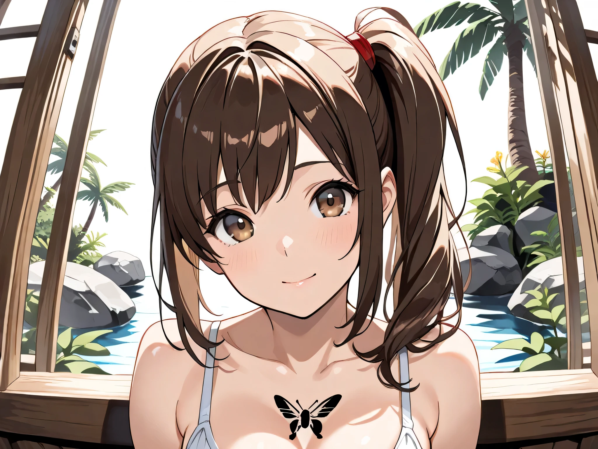 (masterpiece, top quality:1.2), alone, 1 girl who died、 Hair、Side ponytail 、cut、brown eyes、ull body drawing、Insect stick、 into one eye、Monster Hunter