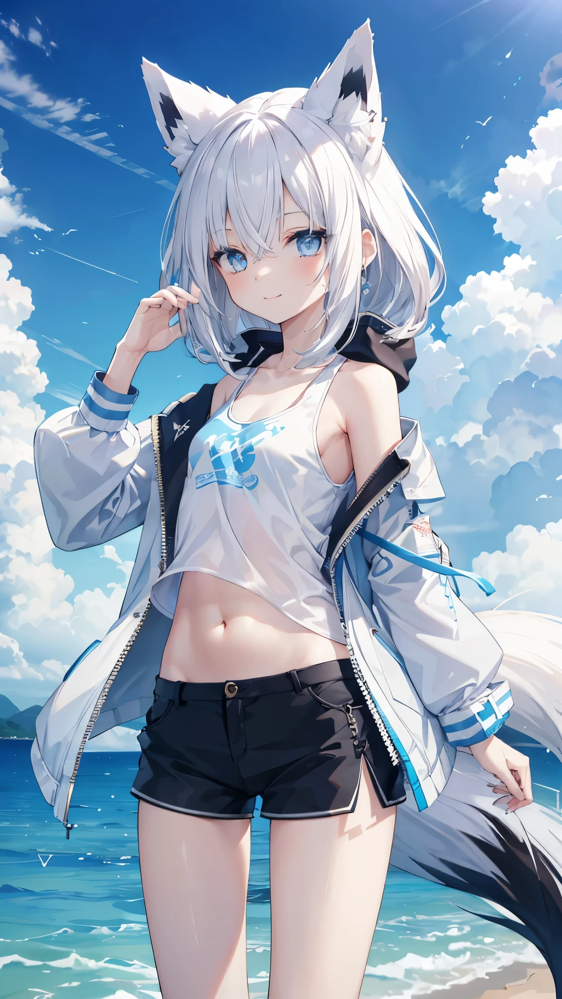 top quality、、(Whitening skin,)、 Silver Hair、light blue eyes,Petite、slender、(jacket,tank top,shorts,)belly button,Seaside,smile, fox ears,Fox Tail,,toned body,