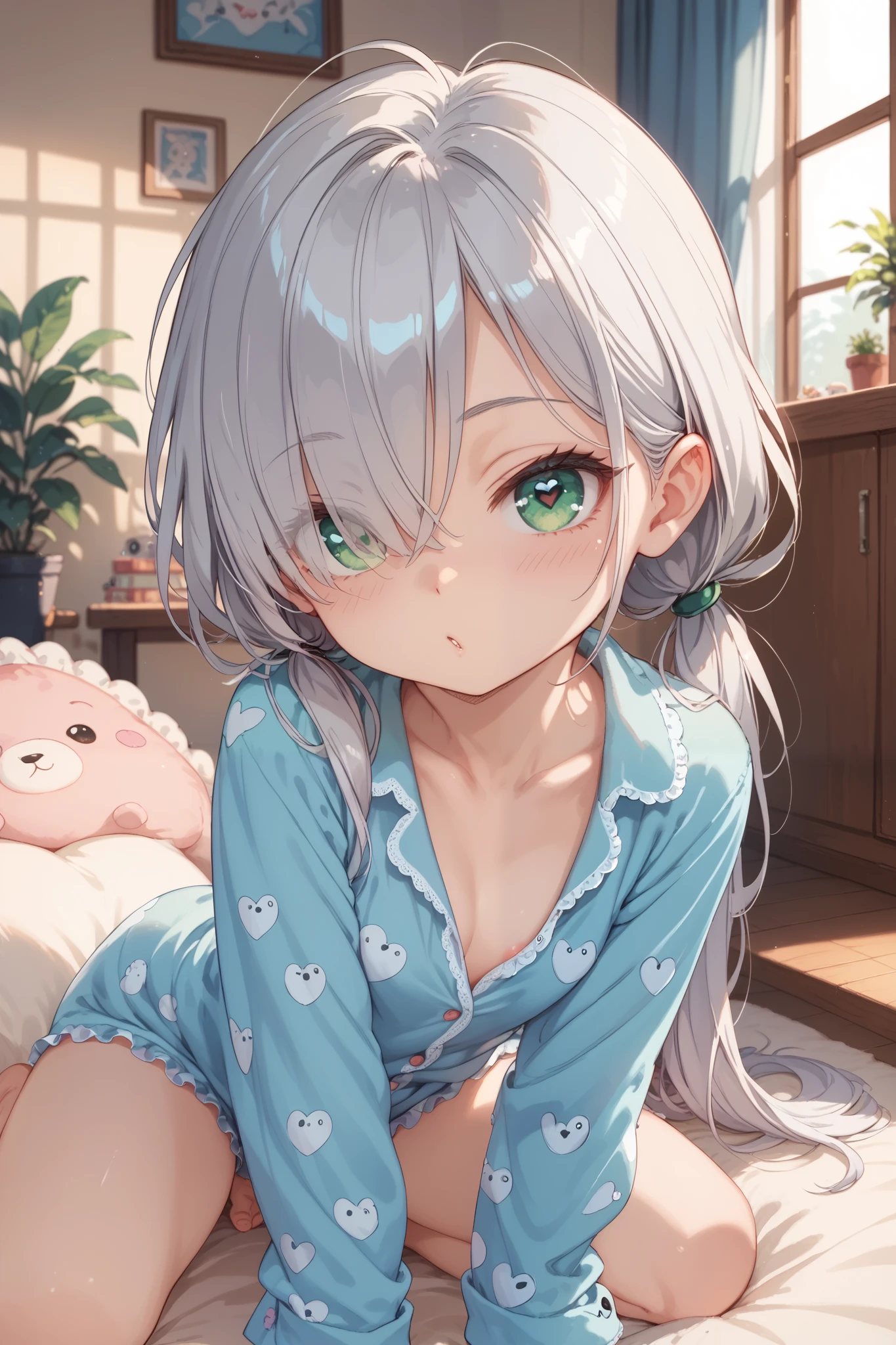 living room,ite girl,silver hair,green eyes,low twintails,hair over one eye,furrowed brow,pajamas,face,face focus,heart eye,sulking