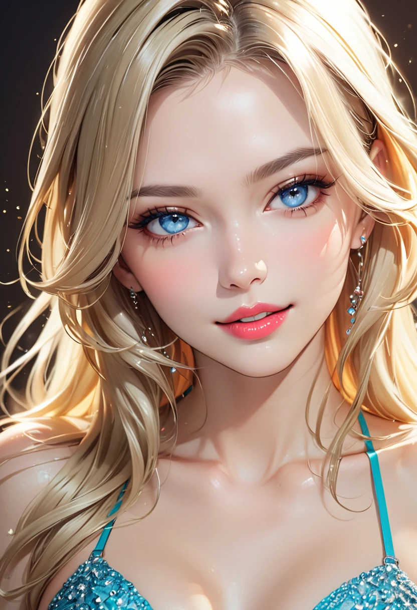 1 girl, fair_skin, ((blue_eyes)), white long hair, wearing a red summer dress, night with stars on the sky, looking at viewer, lower angle, wearing a black choker around her neck, wearing diamond earrings, soft skin, beautiful eyelashes, realistic background
