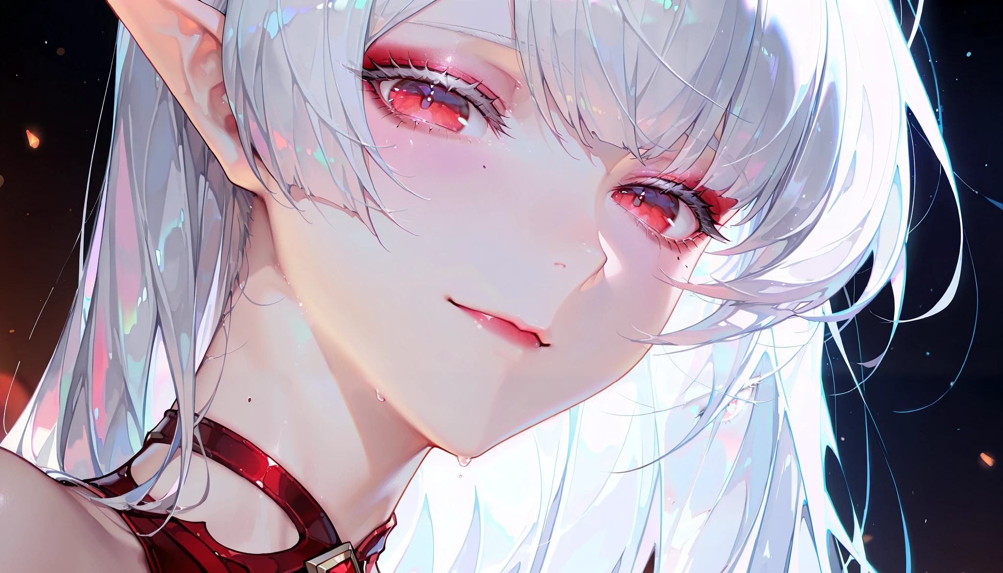 (artist:binggong asylum:1.22), (artist:OKAZU:1.10), (artist:hiten:0.51), artist:WANKE, (artist:ciloranko:0.55), (Sally Whitemane, World of Warcraft character), (masterpiece: 1.2), (best_quality: 1.0), (solo: 1.4), (solo focus, 1view), (medium physique), 1woman, middle-aged woman, 30 years old, (close-up, face focus), ((ultra detailed, cinematic, hyper detailed, hyperresolution, official arts, wallpaper 40k, blowing art)), ((white hair, square hair, straight hair, medium bangs, white eyebrows, white eyelash, eye mole)), voluminous hair, bright ruby-red eyes, beautiful nose, beautiful character design, perfect eyes detail, perfect face, colorful, bright_front_face_lighting, (bright_color: 1.2), (beautiful_face: 1.5), front view, from below, ((pale skin, detachment smile, beautiful neck)), (sleepy eyes, eyeshadow, eyebags, bags under eyes, makeup, dark red lipstick), ((looking at viewer)), (background, dark forest, Elves lands,