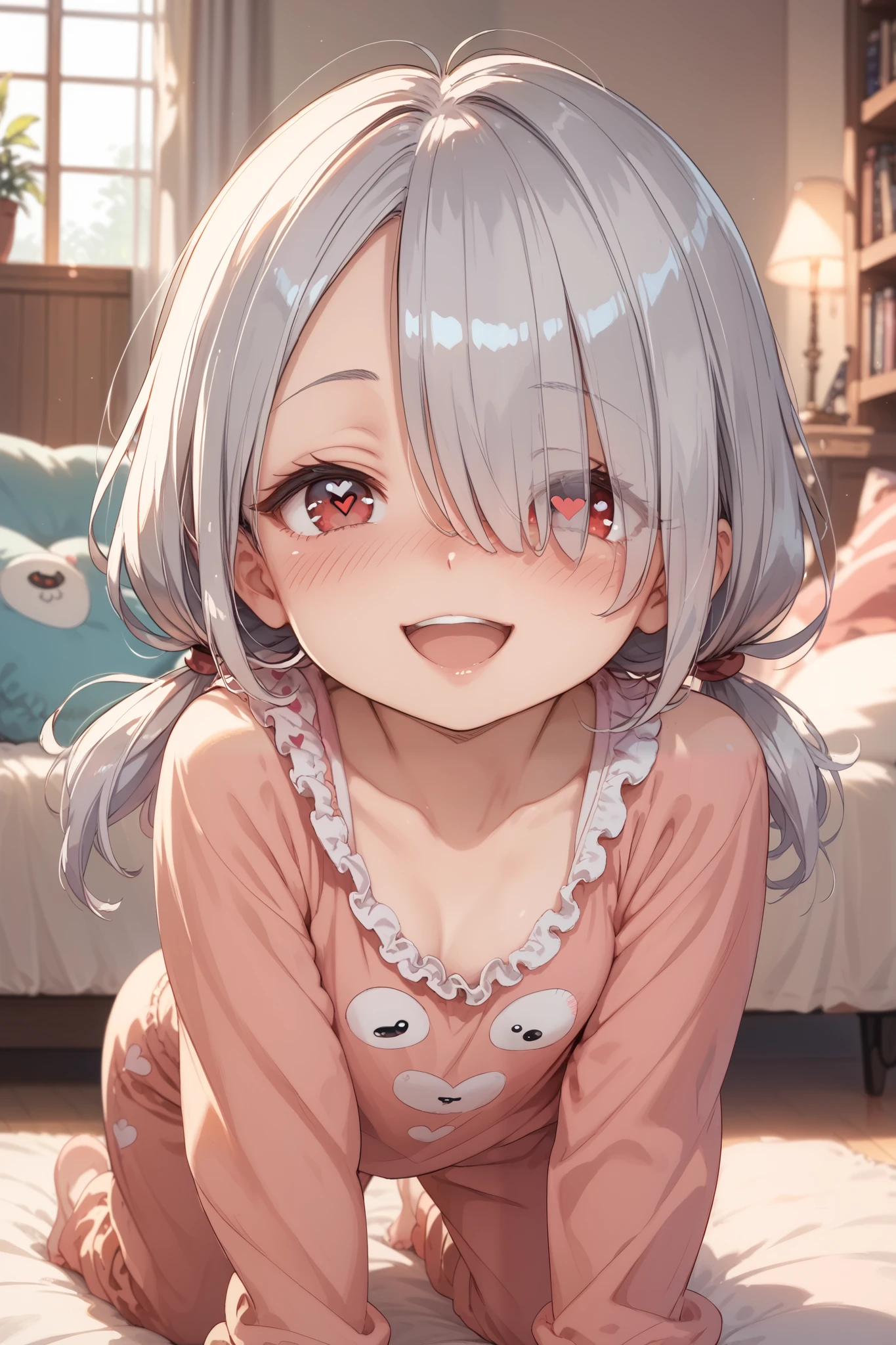 living room, girl,silver hair,red eyes,low twintails,hair over one eye,furrowed brow,pajamas,face,face focus,(((heart eye))),((blush)),aroused,seductive smile,happy,open mouth,