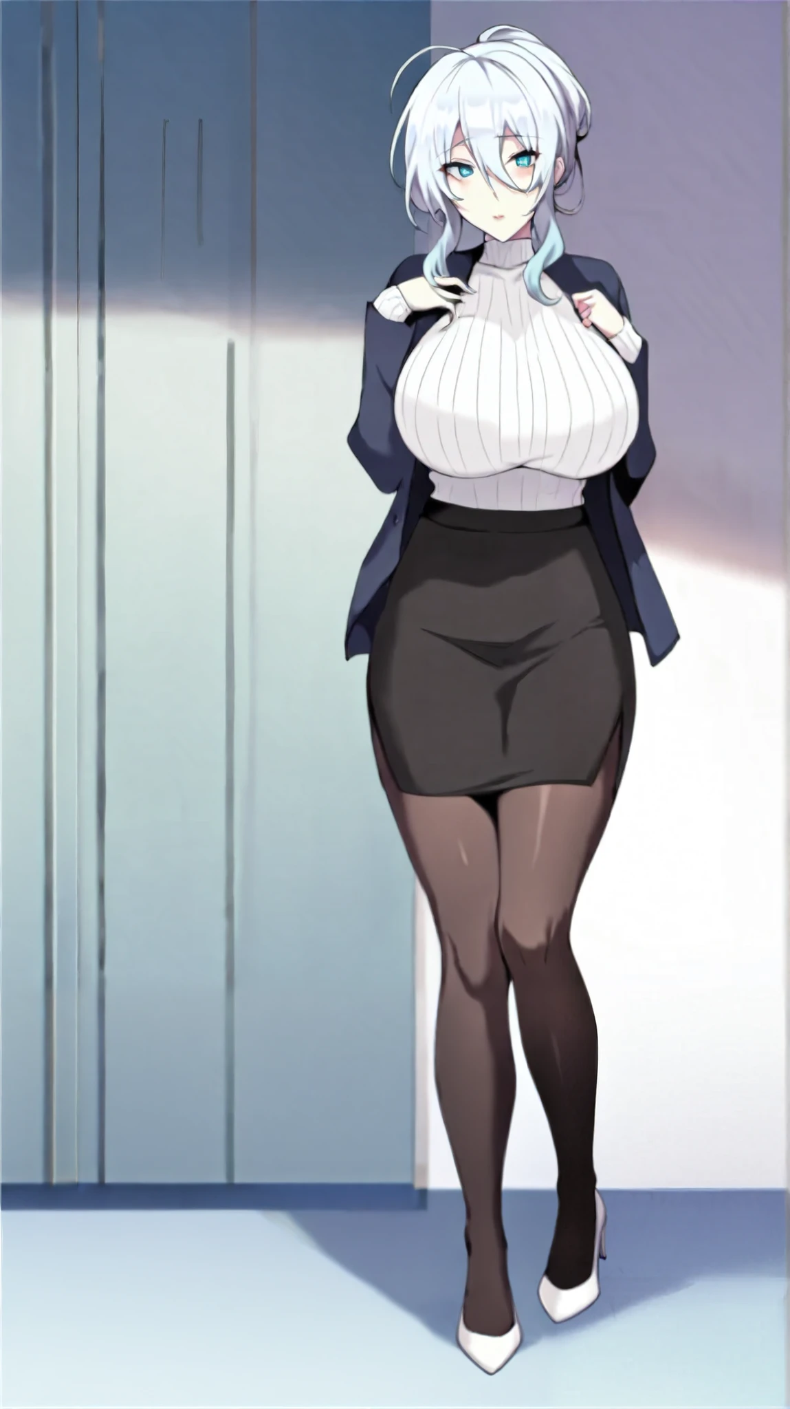 highest quality, Flying debris、Beautiful woman、officeレディー、Black Hair、(Brown eyes、Big Breasts、Blunt bangs)、short hair、チェック柄のダークブルーのofficeスーツ)、new employee,Full Body Shot、Female office lady、break(Dark blue checked vest、White dress shirt、Navy blue mini tight pencil skirt:1.2)、(Black Pantyhose、garter belt、High heels)、break(office:1.3)、Cleavage、Shirt buttons fly off、Absolute area、Blushing、Embarrassed、Standing posture、Open your mouth、Exposing the breasts、Bare your breasts、No panties、No bra、Nipples are visible、Expose the nipple