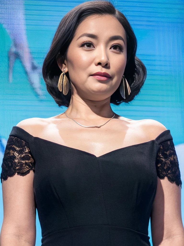 (Masterpiece,masterpiece, Photorealistic, top quality, Super Detail, ultra high definition, Ultra-clear,RAW photo,realistic photo),16k,simple black china dress, Asian taste, sexy costume ,off shoulder,jacket,the same woman's outfit,gorgeous earrings,gorgeous necklace,(character design sheet, Front , return, ~ side, same characters), returnground is simple,((chubby body,Low body,Petite,soft natural small tits)), adult woman, full makeup, false lashes,   black hair ,bungs, semi-long,(very detailed), precise and beautiful eyes, Clean and detailed face, five fingers, character design sheet, perfect human anatomy,