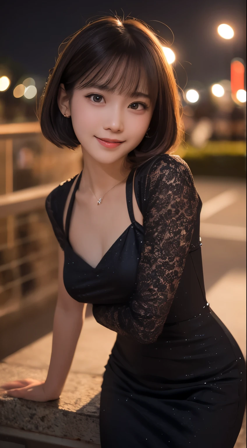 Best quality, masterpiece, ultra high res, raw photo, beautiful and aesthetic, deep shadow, dark theme,(photorealistic:1.4), (1girl, young beauty, smile, black dress, off shoulder, cleavage), outdoors