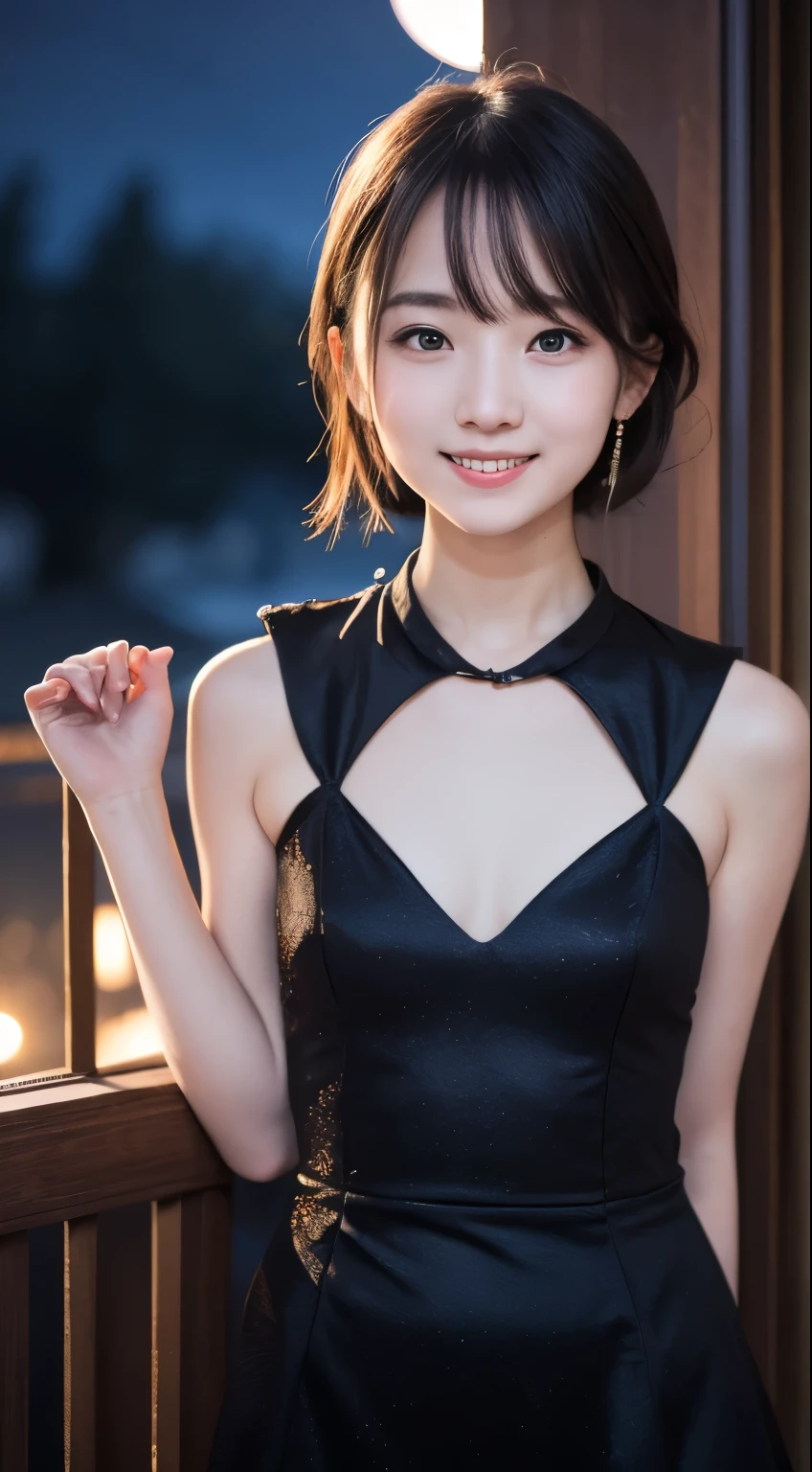 highest quality, masterpiece, Ultra-high resolution,8k, (Realistic:1.6), (Facing portraits) RAW Photos, 1 girl,(Full of smiles, Showing teeth)), 22 years old,((Chest Focus,valley)),((Sequined off-the-shoulder mini skirt dress)),((Jet black short hair)),((Wear a bandana on your head)),((Looking up at the audience)),Face Focus:1.4,((Simple solid color background)), Image Media Chest)),((Smiling with teeth showing)),