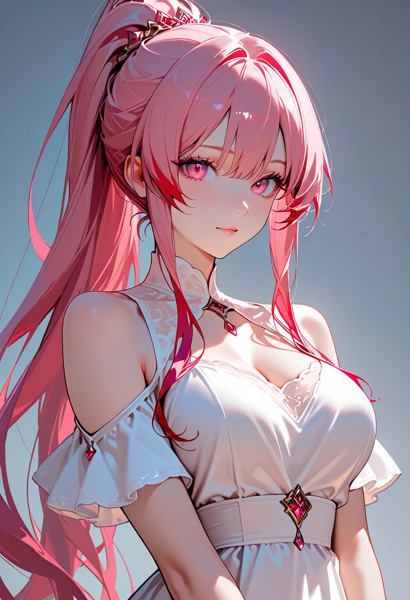 a handsome female,Delicate facial features,Long pink hair,Pink cat ears,Pink eyes,White top,With sleeves,choker necklace, a black skirt,sakura,k hd,The is very detailed,hiquality,Good atmosphere,delicatessen,CG рендеринг,Detailed rendering,(Subtle facial image)(Image of fine hairs)(top-quality)(Master masterpieces)(Highly complete)(a sense of atmosphere)