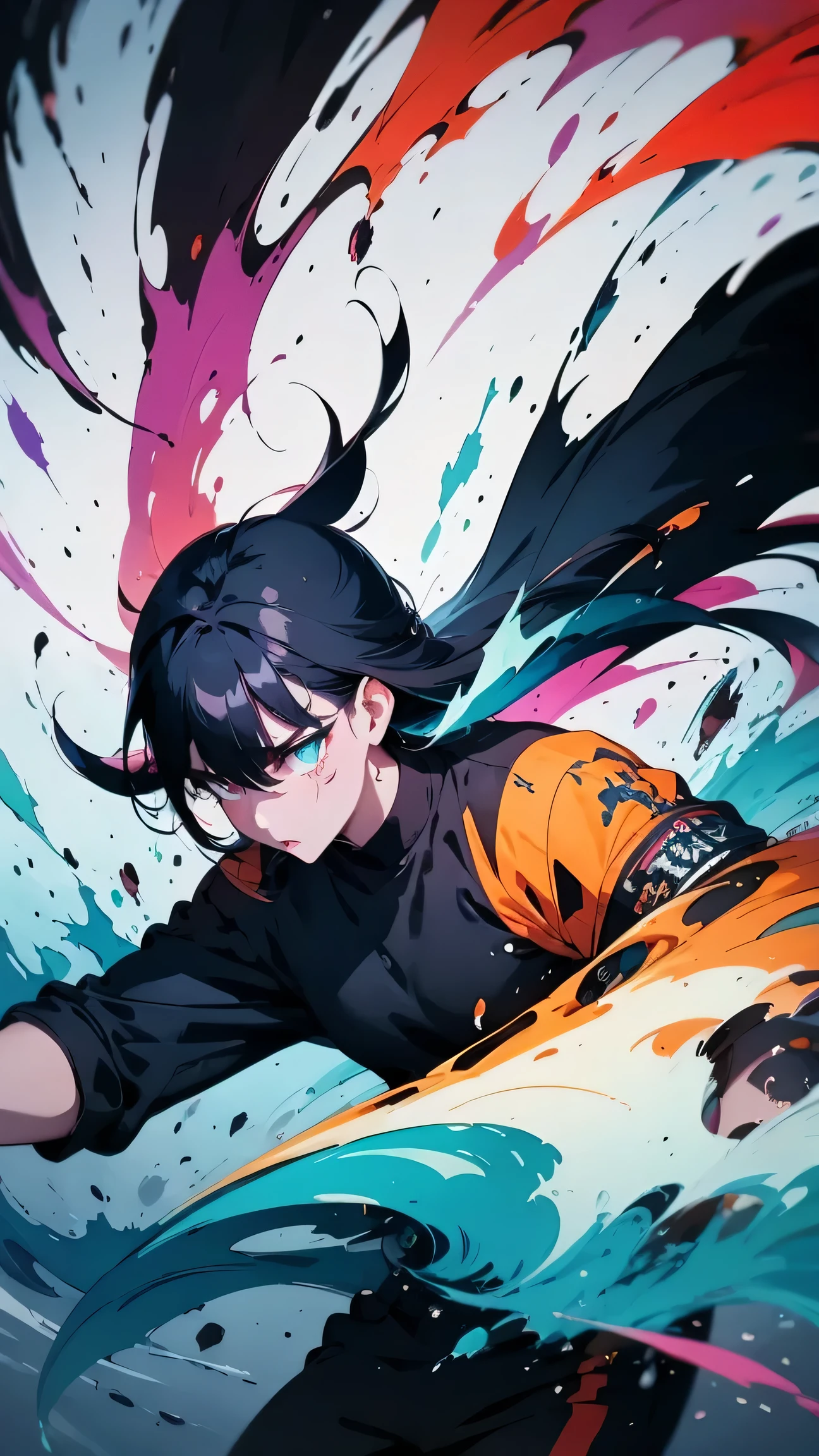 "A dynamic and expressive illustration featuring a character (or object) with splattered ink effects surrounding them. The ink splashes are bold, chaotic, and artistic, blending into the background with a mix of abstract brush strokes. The colors contrast sharply, creating a dramatic and energetic composition. The scene has a modern, urban, or fantasy theme, with a strong focus on motion and emotion."