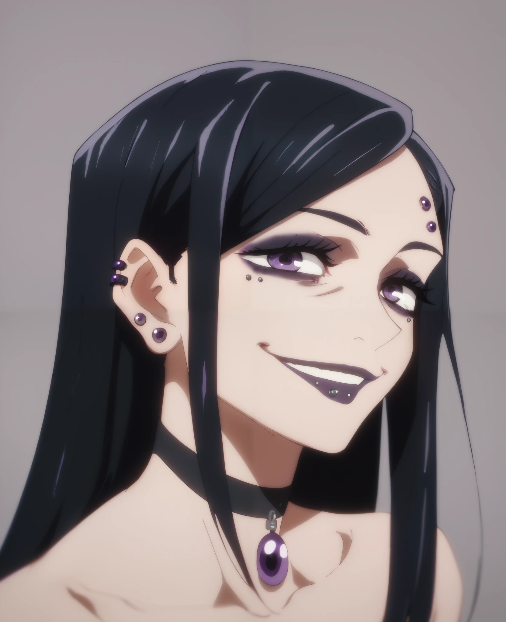 A jujustu kaisen younge girl. Long Black hair, smile, purple odd eyes. Weird hairbang, dark makeup. Piercings
