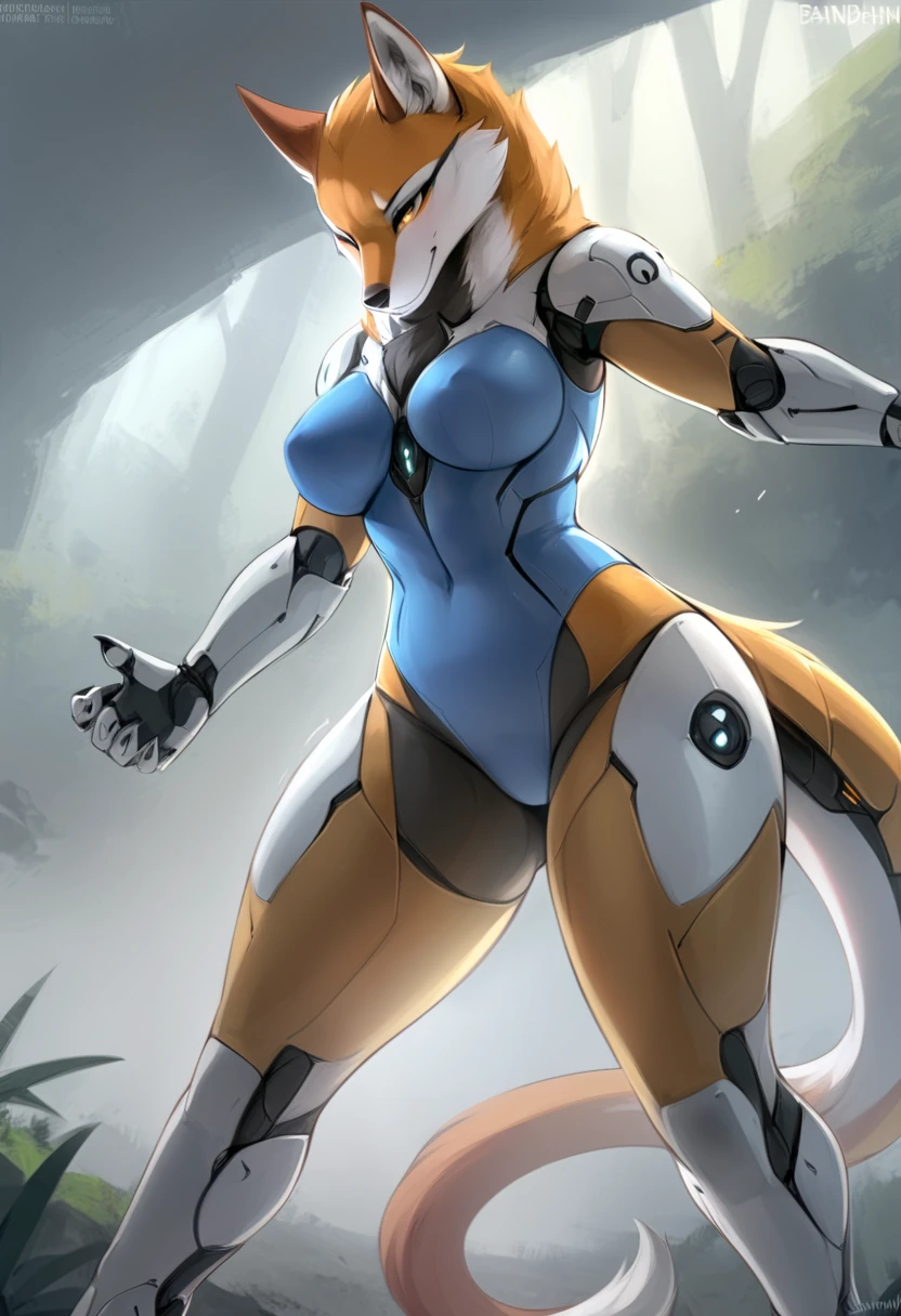 furry, furry art, source furry, macmegagerc, by macmegagerc, by futa, futanari, solo, young, athletic, breasts, abs, white arctic fox, fox tail, white fur, long messy bright blue hair, nude, talking, black mouth, big blue eyes, hard nipples, erection, erect white penis with foreskin, white foreskin, leaking precum, robot, (broken neck:1.2, cracked chest:1.2, damaged belly:1.2, cracked arms:1.2, cracked legs:1.2) , detailed synthetic mechanical parts, detailed synthetic mechanical components, holster, gun, handgun, pistol, holding pistol, carrying pistol, sad, sad expression, fear, fear expression, afraid, afraid expression, looking around, looking away, walking, walking in the jungle, in a jungle, jungle background, detailed background, three-quarters, three-quarters view, three-quarters shot