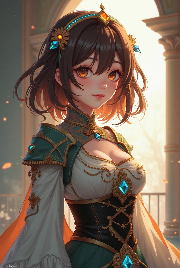 1girl, brown hair, short hair, best quality, 4K wallpaper, masterpiece, extremely detailed CG unity 8k wallpaper, extremely detailed eyes, dynamic pose, ultra-detailed, intricate details, masterpiece, skindentation, best quality, expressive eyes, perfect face, soft pink lips, airy, light, large detailed green eyes, large breasts, cleavage,