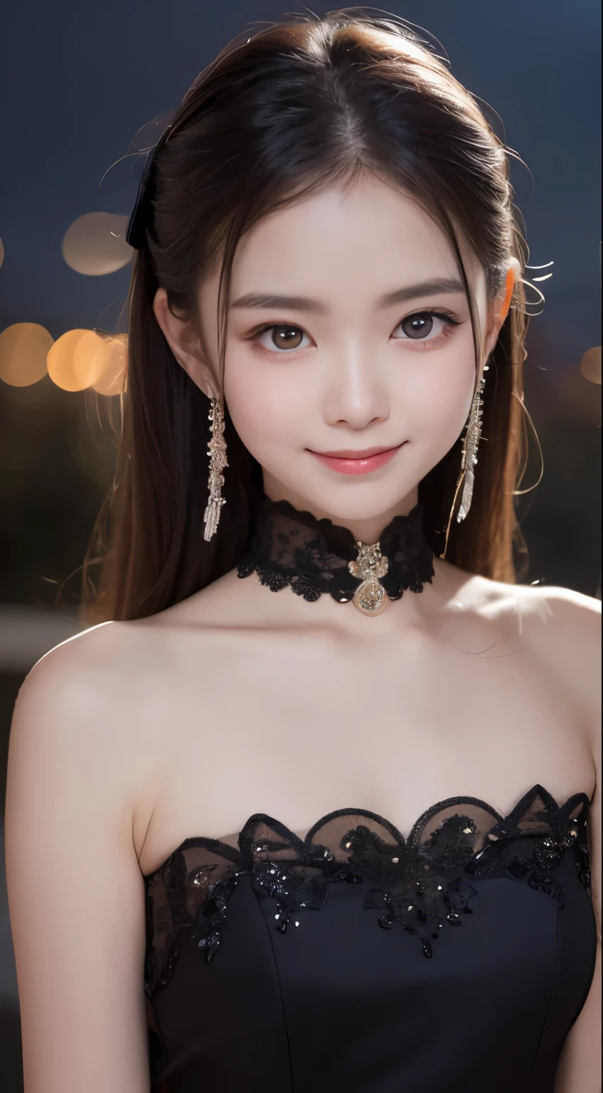 Korean Girls, 18-year-old, A stunning face, Wearing a bright black gown, Elegant half-body shot, Taken with high resolution photos. Gray blurry background, Improve image resolution and detail. The girl smiles gently, Her eyes shine like stardust, Adding glamour to ultra-realistic captures. bust, What'Hiding under a black dress?, Show off your perfect anatomy. The soft light of nature envelops the scenery., Create a white aura around the girl