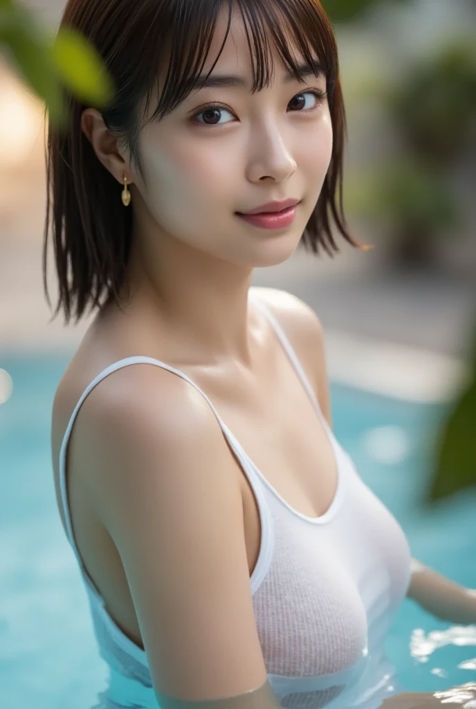 beautiful, nature, Glossy Lips、short hair、Very short hair、Shortcuts、日本人の一人のgirl、（beauty、繊細なgirl：1.3）、（28 years old：1.3）、break、（Upper body from the waist up、Micro Bikini：1.3）、break、Definition of very fine particles、（Symmetrical eyes：1.3）、break、（beautiful sea and white sand：1.3）、break、Small breasts、Emerald Eyes、Parted bangs、Brown Hair、girl、break、（Eye and facial details：1.0）、break、（masterpiece、Highest quality、Very detailed、Detailed face、8k）、smile、とてもSmall breasts、Swimsuit color is random、Raise your arms to show your sides、（Raise your arms to show your sides）
