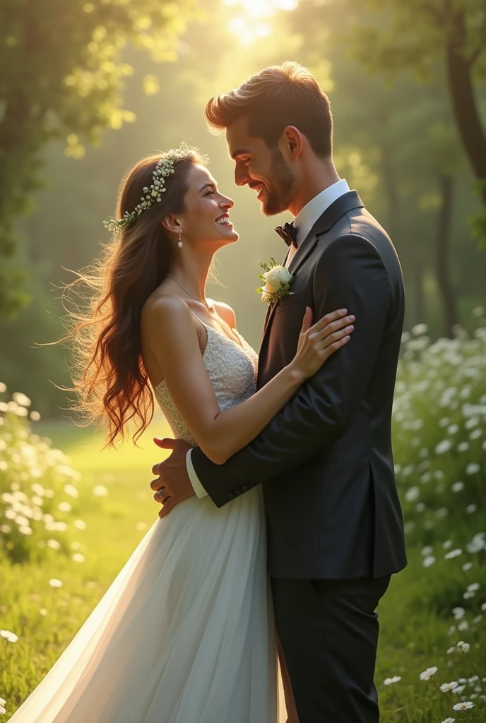 There is a man and a woman, A man stands with his back, A woman hugs him and looks at the camera with a warm and happy look, Happy couple, Newlyweds, jovana rikalo, by Jan Konůpek, by Emma Andijewska, arm around her neck, A man and a woman in love, lovely couple, in a grass field, Happy Couple