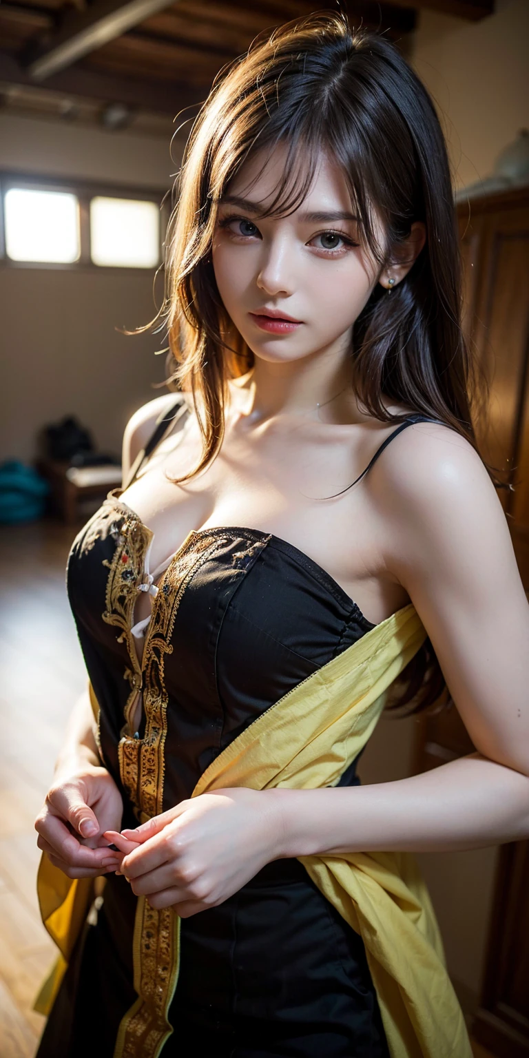 (surreal), (figure), (Improved resolution), (8K), (very detailed), (Best figure), (beautiful and detailed eyes), (highest quality), (super detailed), (masterpiece ), ( wallpaper), (detailed face), alone, 1 girl, looking at the viewer, small details, in the dark, deep shadow, discreet key, Pure erotic face ace_V1, smile, long straight hair, black shawl , 46 point diagonal bangs，plump breasts