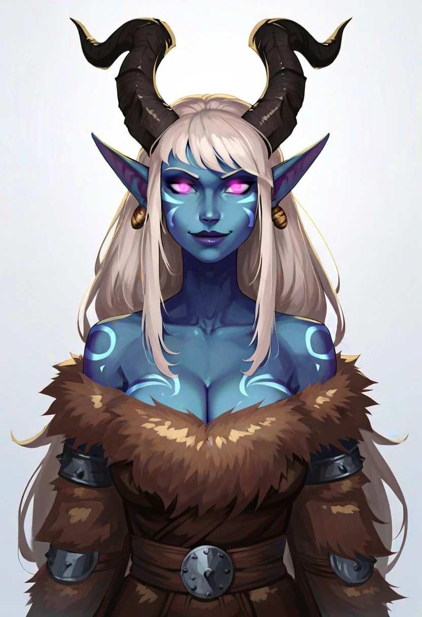 score_9, score_8_up,score_7_up, score_6_up, score_5_up, score_4_up, extra earth woman, confused, best quality, highres, full shot, solo, beautiful, makeup, soft lips, ((blue skin)), crocodile skin, pointed ears, (white long hair), simple background, white background, large cleavage, freckles, old fantasy leather corset, slimfit