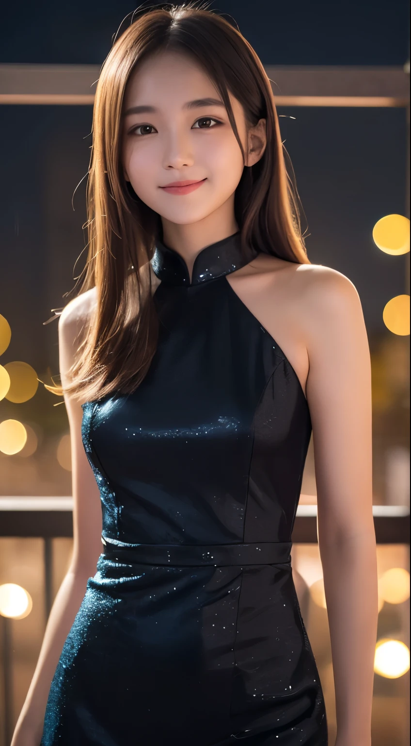 ((Best quality, 8k, Masterpiece :1.3)), 1girl, smiling, full body, slim face, Pretty woman, (Dark brown hair), full length dress :1.1, Ultra-detailed face, Detailed eyes, Double eyelid, blur background, slim face, city, outside, street,