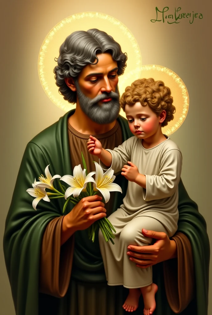 arafed image of a man holding a and a flower, with infant jesus, rendered, highly rendered, digitally painted, father with chilly, catholic religious art, full device, digital rendering, artist unknown, by Juan O'Gorman, holy imagery, orthodox saint christopher, artists rendition, religious masterpiece portrait, full color illustration, jesus