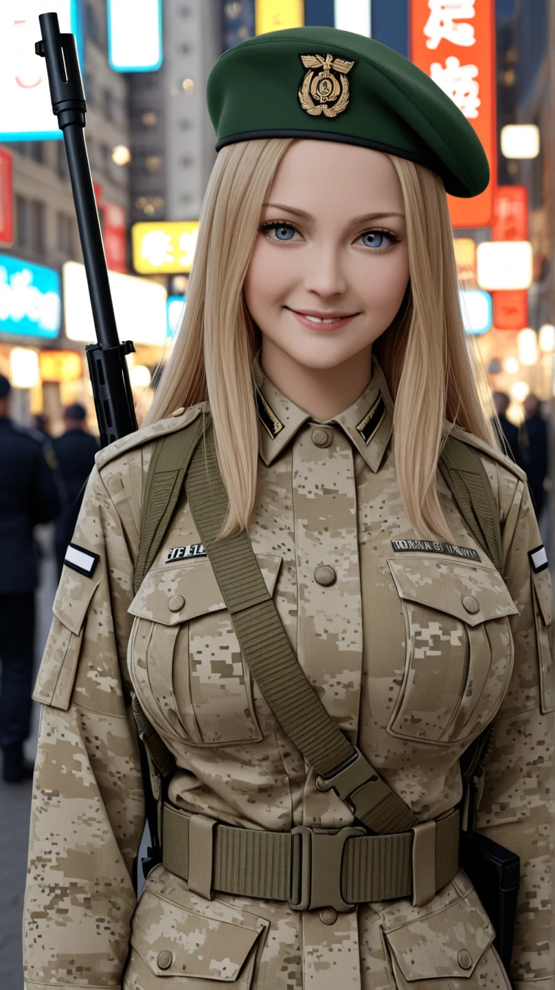 shinny skin、breastsout、high detailing、超A high resolution、(Photorealsitic)  (Twin-tailed hairstyle)、a blond、military outfits、Military、Cool、 beautidful eyes、Exposing breasts、blue eyess、Colossal tits、both hands behind head、soldier、camouflage uniform