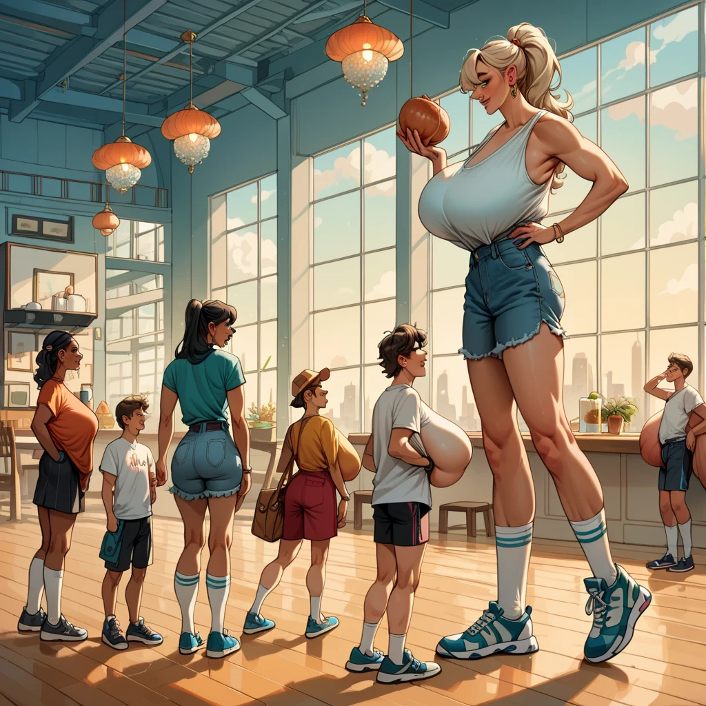 UHD 4 K photo reverse photo ultra detailed, 2 stunning tall college top model girls, 13 years; standing with long defined legs in a gym, all girls have towering heights, they are unbelievable ten feet tall, showing long, tanned legs, defined muscular legs, tattoos, braids, louboutin pumps with insanely high platform heels, , UHD 4 K photo reverse photo ultra detailed, 3 stunning tall college top model girls, 14 years; standing with long defined legs in a gym, all girls have towering heights, they are unbelievable ten feet tall, showing long, tanned legs, defined muscular legs, tattoos, braids, louboutin pumps with insanely high platform heels, they look down on the short boy