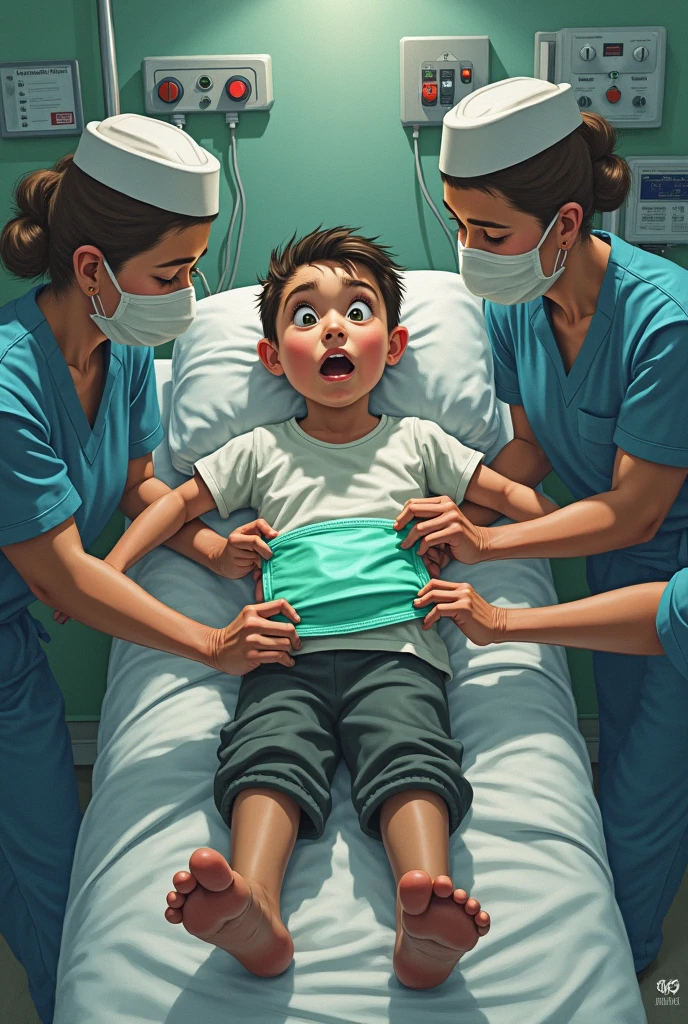 A boy, Secual is in a hospital bed due to an arm injury, He has a blue shirt with short sleeves, He is angry with his mother and has a rebellious attitude, his mother a dark-skinned woman, high, A 4 boy scolds him for his bad attitude towards the pediatric nurse.