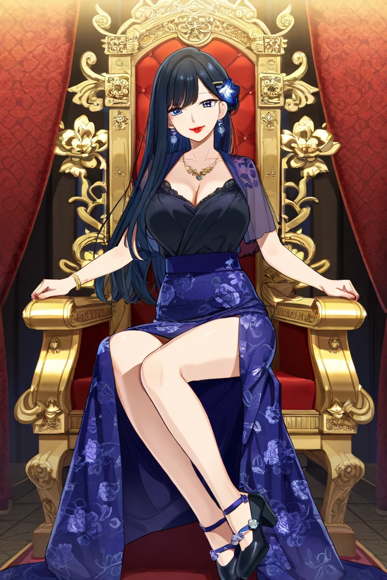 masterpiece, highest quality, High resolution, long hair, hair ribbon, medium breasts, collar, necklace, jewelry, halter neck, cleavage,China dress, Blue and red dress, long dress, indoors, chandelier, sitting, sofa, crossed legs, gentle smile