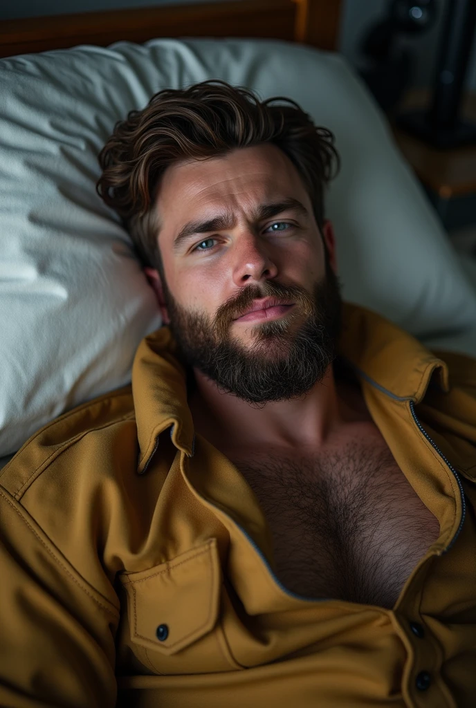 robert_dd a 47 yo man, daddy, dilf, laying down on the couch, drunk wearing jeans and a open black jacket, showing his hairy beefy chest, hair with gray tips. 4k, backlight, cinematic, cinematic light, master piece, ultra detailed, correct eyes and face,