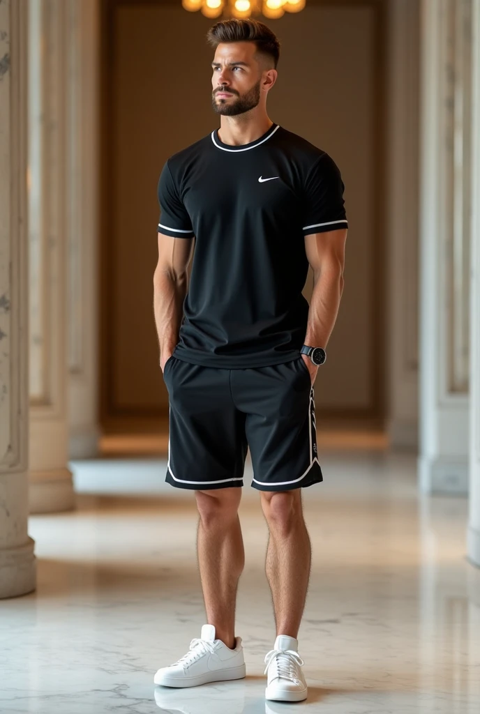 boy 18 years in wide long shorts black shorts adidas shorts oversize shorts casual clothes no t-shirt bare torso naked torso 3d picture ultra realistic