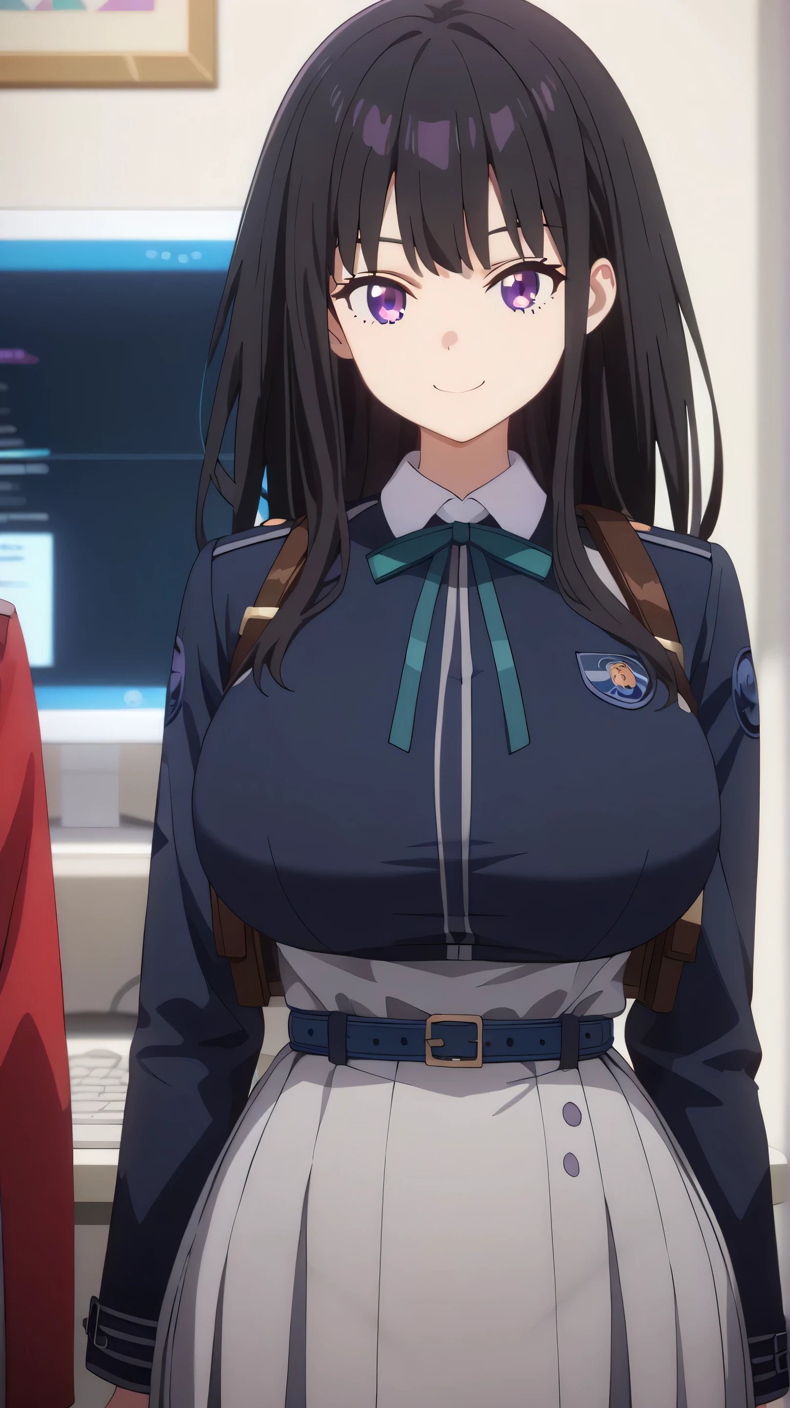 (超high resolution, retina, masterpiece, accurate, anatomically accurate, Super Detail, high detail, high resolution,anime screen capture, Anime Coloring:1.3)、(check it out:1.3)、(long hair, bungs, black hair, purple eyes:1.3)、(extremely huge breasts:1.3)、( shirt, long sleeve, dress, ribbon, school uniform, white shirt, collared shirt, belt, neck ribbon, blue dress, green ribbon, pleated dress, grey dress, two-tone dress, blue belt, Licorice Recoil Uniform:1.3)、( huge ass、thin waist、thin waist、wide hips、 slim、Thick Ass,round ass:1.3)、(Body smile :1.3)
