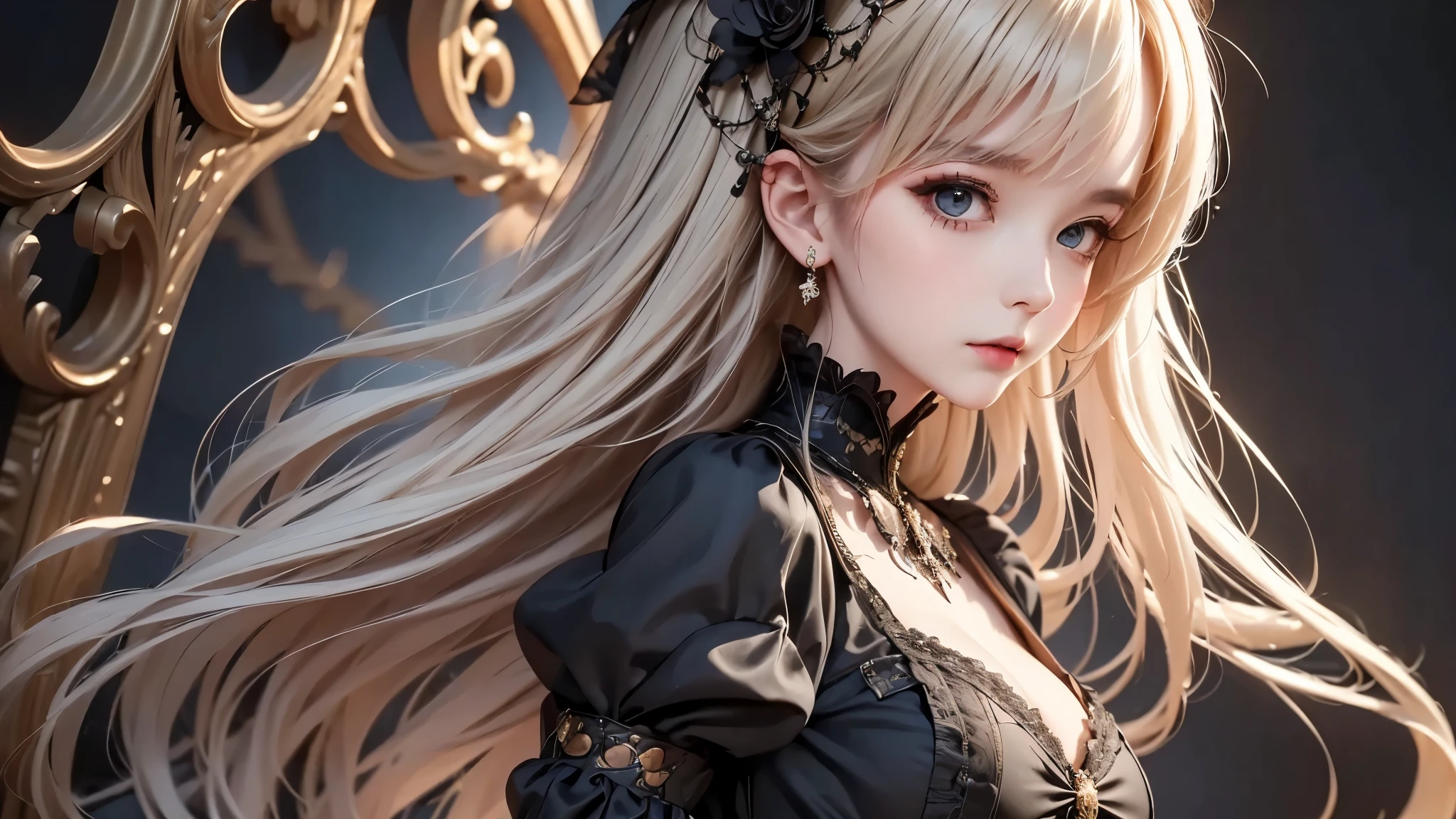 woman wearing dress and boots , baroque dress, wearing a detailed steampunk dress, elegant gothic princess, victorian gothic ta fashion, historical baroque dress dark, black gothic loliress, fantasy style clothing, rococo dress, black rococo, fantasy costume, wearing a gothic dress, romantic dress, gothic dress,blonde, tilt her head,(((upper body portrait))), ((from side))