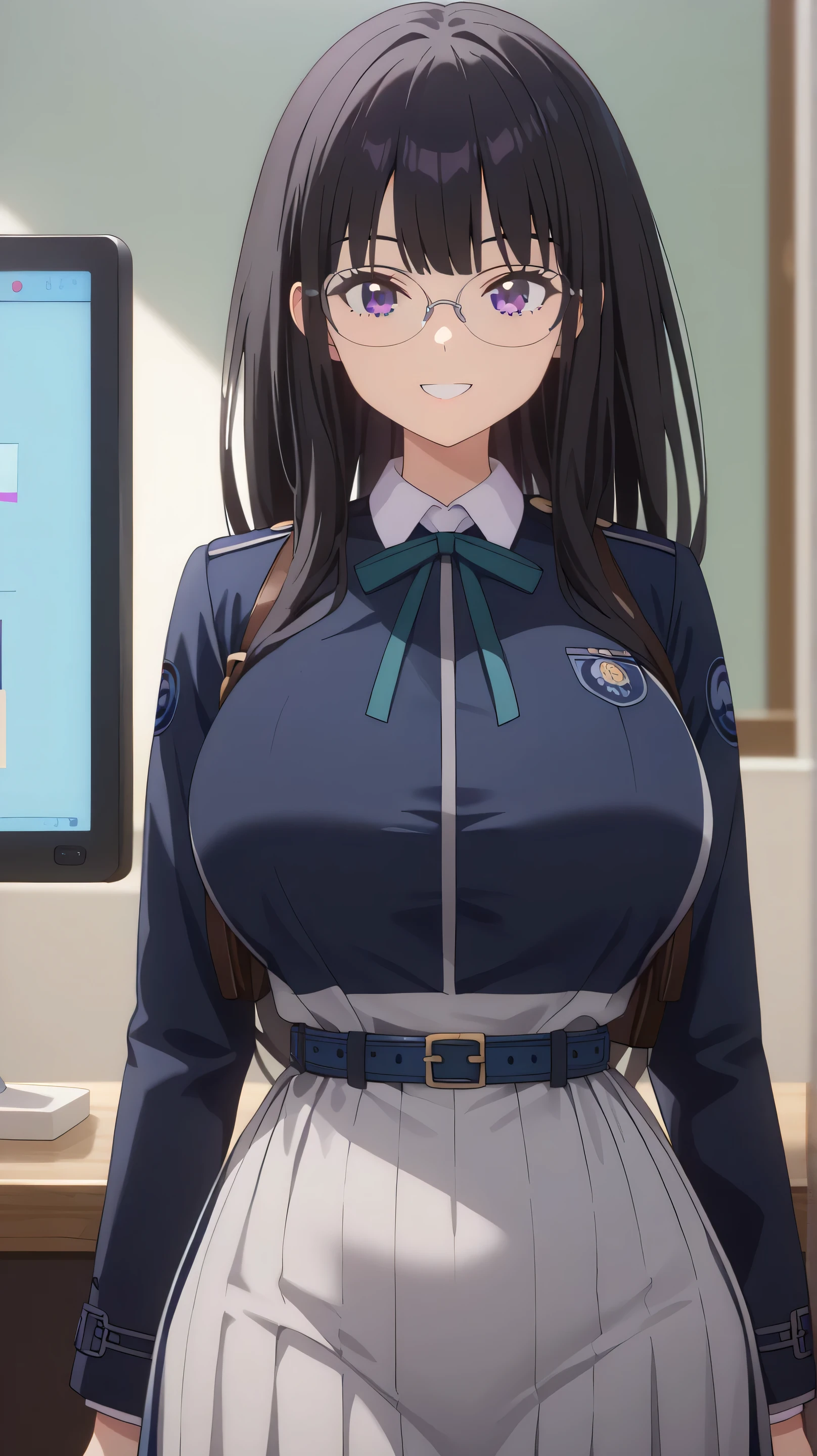 (超high resolution, retina, masterpiece,  accurate, anatomically accurate, Super Detail, high detail,   high resolution,anime screen capture, Anime Coloring:1.3)、(check it out:1.3)、(long hair, bungs, black hair, purple eyes:1.3)、(extremely huge breasts:1.3)、( shirt, long sleeve,  dress, ribbon, school uniform, white  shirt, collared  shirt, belt, neck ribbon, blue  dress, green ribbon, pleated  dress, grey  dress, two-tone  dress, blue belt, Licorice Recoil Uniform:1.3)、( huge ass、thin waist、thin waist、wide hips、 slim、Thick Ass,round ass:1.3)、(Body smile :1.3), glasses, One person