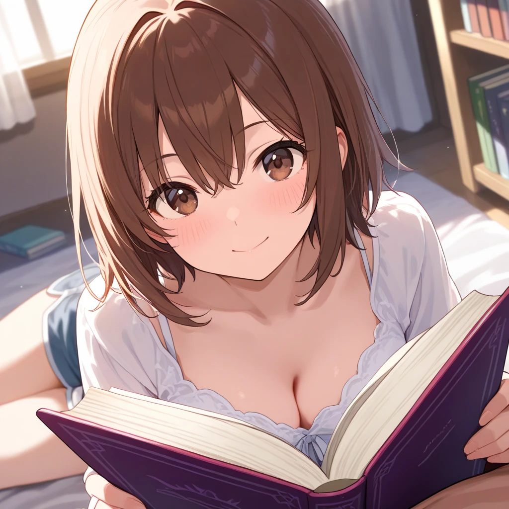 Cute, young girl reading a book, currently in a girls room,very short hair, innocent face,few dimples across face, casual indoor clothing,huge breast,short loli, focused expression