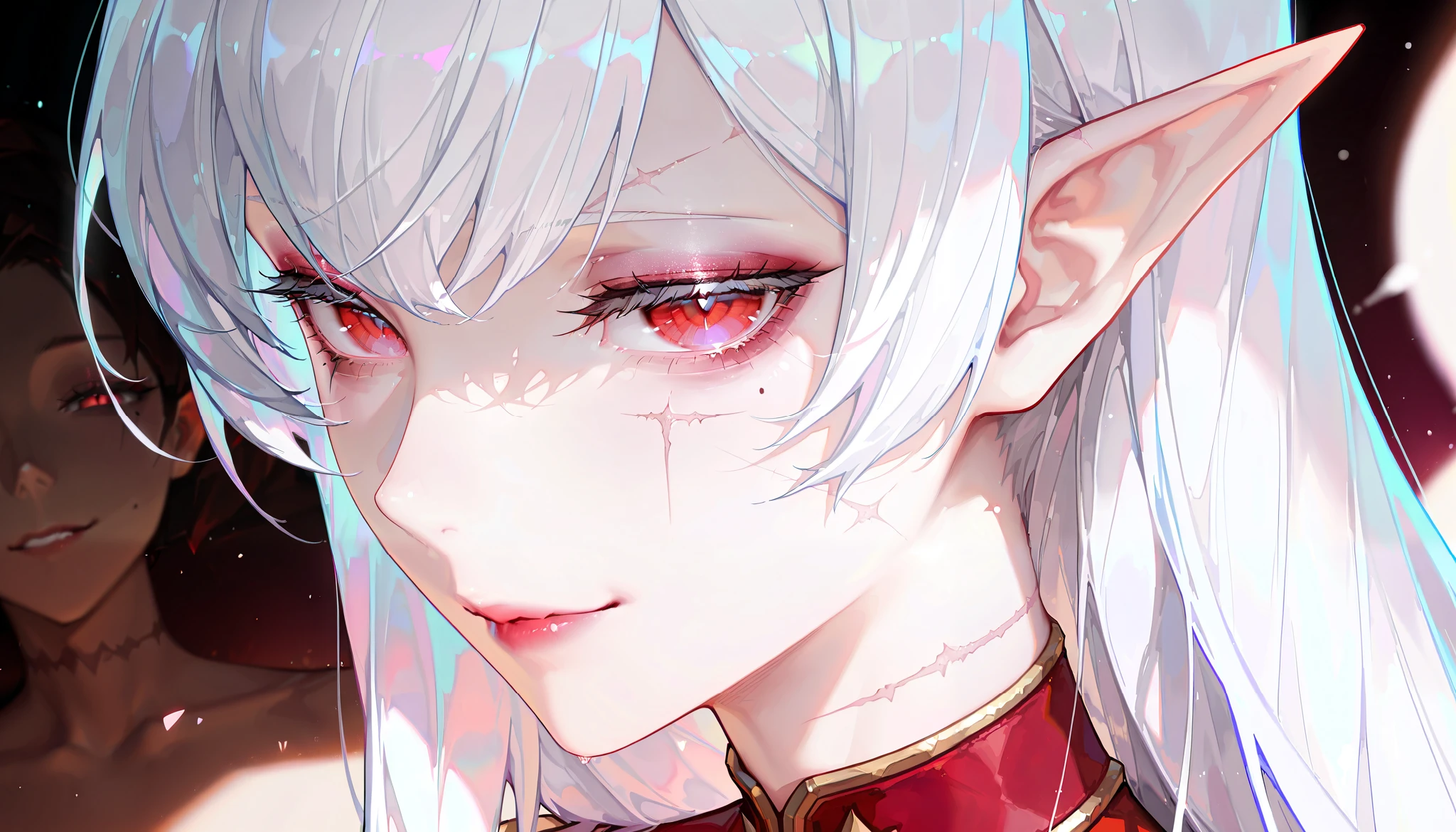 (artist:binggong asylum:1.22), (artist:OKAZU:1.10), (artist:hiten:0.51), artist:WANKE, (artist:ciloranko:0.55), (Sally Whitemane, World of Warcraft character), (masterpiece: 1.2), (best_quality: 1.0), (solo: 1.4), (solo focus, 1view), (medium physique), 1woman, middle-aged woman, 30 years old, (close-up, face focus), ((ultra detailed, cinematic, hyper detailed, hyperresolution, official arts, wallpaper 40k, blowing art)), ((white hair, square hair, straight hair, medium bangs, white eyebrows, white eyelash, eye mole, mole near the eye)), (half-closed eyes, face expression, pacification, kind smile), voluminous hair, bright ruby-red eyes, beautiful nose, beautiful character design, perfect eyes detail, perfect face, colorful, bright_front_face_lighting, (bright_color: 1.2), (beautiful_face: 1.5), (1view), side view, from below, ((pale skin, detachment smile, beautiful neck)), (sleepy eyes, eyeshadow, eyebags, bags under eyes, makeup, dark red lipstick), ((looking at viewer)), (background, dark forest, Elves lands), ((two terrible scars, old scars, scars on the cheek)),
