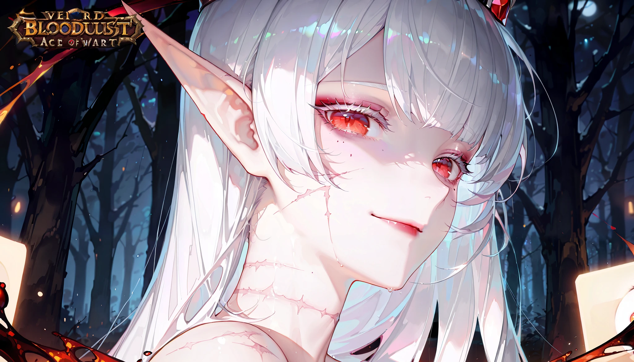 (artist:binggong asylum:1.22), (artist:OKAZU:1.10), (artist:hiten:0.51), artist:WANKE, (artist:ciloranko:0.55), (Sally Whitemane, World of Warcraft character), (masterpiece: 1.2), (best_quality: 1.0), (solo: 1.4), (solo focus, 1view), (medium physique), 1woman, middle-aged woman, 30 years old, (close-up, face focus), ((ultra detailed, cinematic, hyper detailed, hyperresolution, official arts, wallpaper 40k, blowing art)), ((white hair, square hair, straight hair, medium bangs, white eyebrows, white eyelash, eye mole, mole near the eye)), (face expression, expression hatred, murderous look, bloodlust), voluminous hair, bright ruby-red eyes, beautiful nose, beautiful character design, perfect eyes detail, perfect face, colorful, bright_front_face_lighting, (bright_color: 1.2), (beautiful_face: 1.5), side view, from below, ((pale skin, detachment smile, beautiful neck)), (sleepy eyes, eyeshadow, eyebags, bags under eyes, makeup, dark red lipstick), ((looking at viewer)), (background, dark forest, Elves lands), ((two terrible scars, old scars, scars on the cheek)),