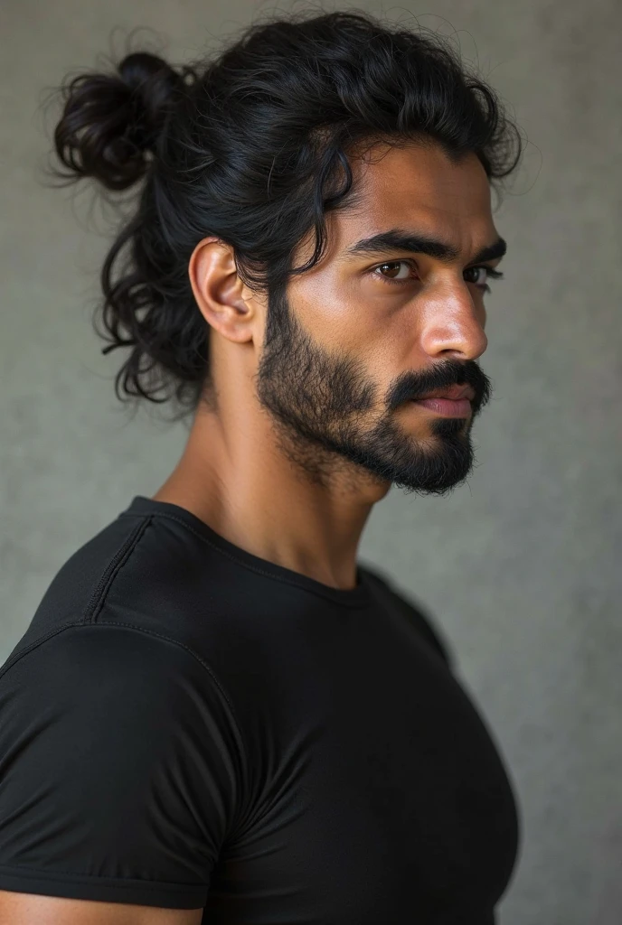 Indian man with 5.3 ft height round face side faded centrally long hair short boxed beard rectangle spectacle dark face