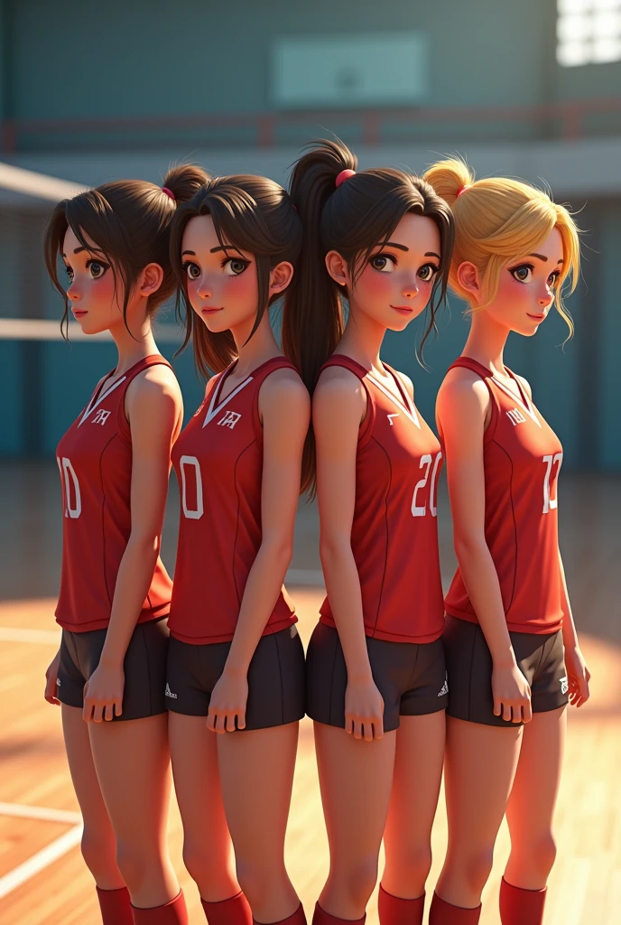 captured from behind, sideways, (three girls) between 16 and 1 more beautiful, Very sexy volleyball players, beautiful detailed face, beautiful detailed eyes, Dirty blonde hair with highlights in a ponytail, excellent female figure, very tight short sleeve jersey, (in a very small white thong, very tight and tucked into the butt), Perfect round toned butt and very sexy, toned and thick thighs, flat and fit stomach, medium natural breasts, bent knees in a half squat, hands on knees, with fans in the stands., Opposing team visible behind the net, (masterpiece, High resolution, 8k,ultra detailed, Best Quality:1.2), (photorealist,photo-realist,realist:1.2), (Associated Press, awarded, Sports action, close up, cover, natural lighting, natural shade, better depth of field, bokeh, impeccable timing:1.2), (physically based rendering, anatomically perfect:1.2)