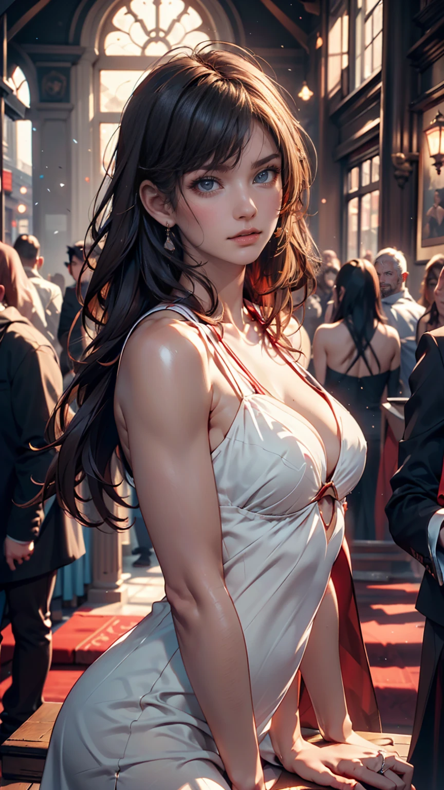 With the Paris cityscape in the background、Classic and sexy fashion woman standing。She was wearing a silk dress with a slit and heels.、It exudes a classy and sexy vibe。The Eiffel Tower can be seen in the distance、Feel the romantic atmosphere of the night、24-year-old woman、Sexy proportionature female body、Sexy proportionakeup、Lips with red lipstick、Textured skin((textured skin))、smile、Narrow waist