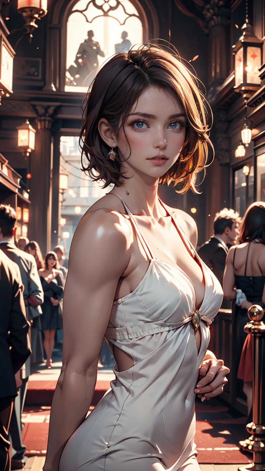 portrait of April Summers, wearingelegant gown, against inside a crowded ballroom, character portrait, 3 9 9 0 s, short hair, intricate, elegant, highly detailed, digital painting, artstation, concept art, smooth, sharp focus, illustration, art by wlop, charlie bowater and alexandra fomina