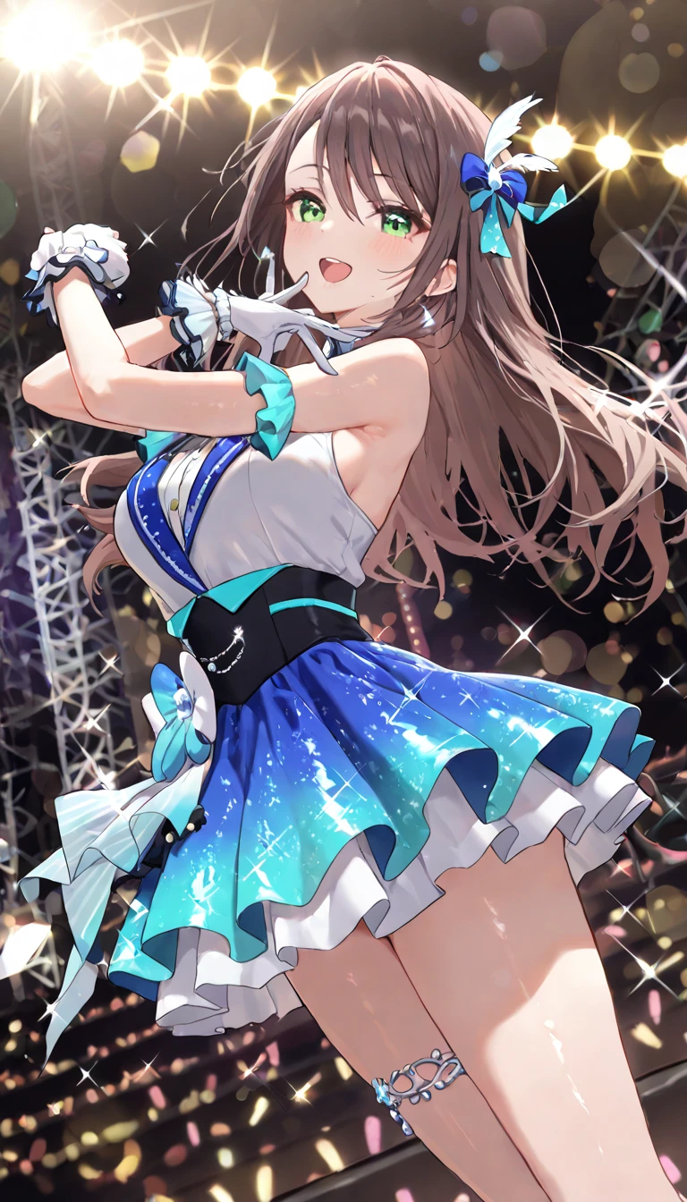 A beautiful girl ice skating on a skating stage, anime girl, 20 year old girl, elegant colorful costume, (women's turquoise dress figure skating costume), looks like a model, skating rink, a lot of crowd, artistic movements, she looks back towards the viewer, brown hair, bangs, french braid, long hair, ponytail, wavy hair, expressive hair, shiny hair, hair bow, jewelry, snowflake hair ornament, aqua eyes, glowing eyes, pupils sparkling, crescent earrings, makeup, open mouth, blush, tongue, happy, upper teeth, excited, big rounds breasts, thin waist, nice round buttocks, nice round ass, beautiful legs, panties, (completely exposed panties:1.4), high detail, anime, depth of field, glowing light, dithering, wide shot, from behind, from below, perspective, atmospheric perspective, panorama, lens flare, Wide-Angle, f/1.8, 85mm, Nikon, 8k, super detail, UHD, retina, top-quality, hight resolution, masterpiece, accurate, anatomically correct, textured skin, highres, best quality, super detail