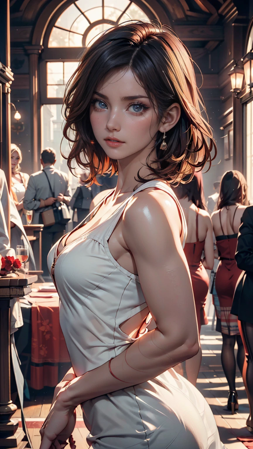 ((8 thousand, original photo, best quality, masterpiece, High detail realistic, realistic:1.professional photography)), Highly detailed eyes and face, skin,(symmetrical, clear eyes:1.2), (very detailed fingers), (highly detailed body), high resolution, beautiful and delicate eyes, (hard focus:1.4), (sharp focus:1.4), 1 Japanese woman, cute, (looking at the viewer), (upper body:1.3), happy expression, red curly hair, retro outfit, petite frame, dancing posture, vintage theater background, dramatic lighting, professional lighting