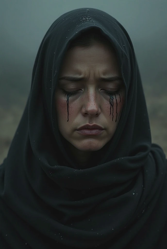 A despaired muslim woman, soaked in grief, restlessly burning in fire with black burned skin, hoping for death.