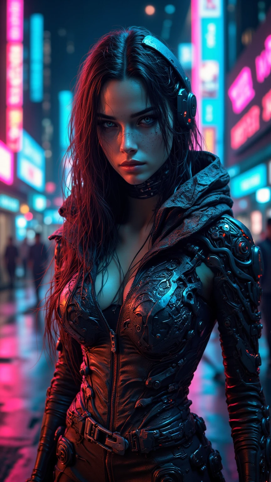 A cyberpunk girl, highly detailed, beautiful face, piercing eyes, lush lips, flowing hair, slender figure, futuristic cyberpunk city backdrop, neon lights, skyscrapers, chase scene, mysterious alien pursuer, dramatic tension, cinematic composition, vivid colors, hyper-realistic, 8k, best quality, masterpiece