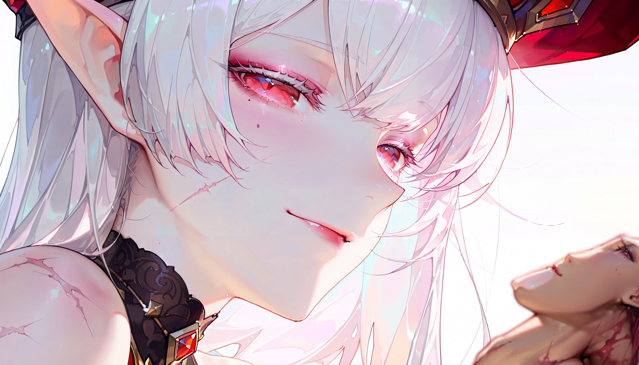 (artist:binggong asylum:1.22), (artist:OKAZU:1.10), (artist:hiten:0.51), artist:WANKE, (artist:ciloranko:0.55), (Sally Whitemane, World of Warcraft character), (masterpiece: 1.2), (best_quality: 1.0), (solo: 1.4), (solo focus, 1view), (medium physique), 1woman, middle-aged woman, 30 years old, (close-up, face focus), ((ultra detailed, cinematic, hyper detailed, hyperresolution, official arts, wallpaper 40k, blowing art)), ((white hair, square hair, straight hair, medium bangs, white eyebrows, white eyelash, eye mole, mole near the eye)), (half-closed eyes, face expression, pacification, kind smile), voluminous hair, bright ruby-red eyes, beautiful nose, beautiful character design, perfect eyes detail, perfect face, colorful, bright_front_face_lighting, (bright_color: 1.2), (beautiful_face: 1.5), (1view), side view, from below, ((pale skin, detachment smile, beautiful neck)), (sleepy eyes, eyeshadow, eyebags, bags under eyes, makeup, dark red lipstick), ((looking at viewer)), (background, dark forest, Elves lands), ((two terrible scars, old scars, scars on the cheek)),