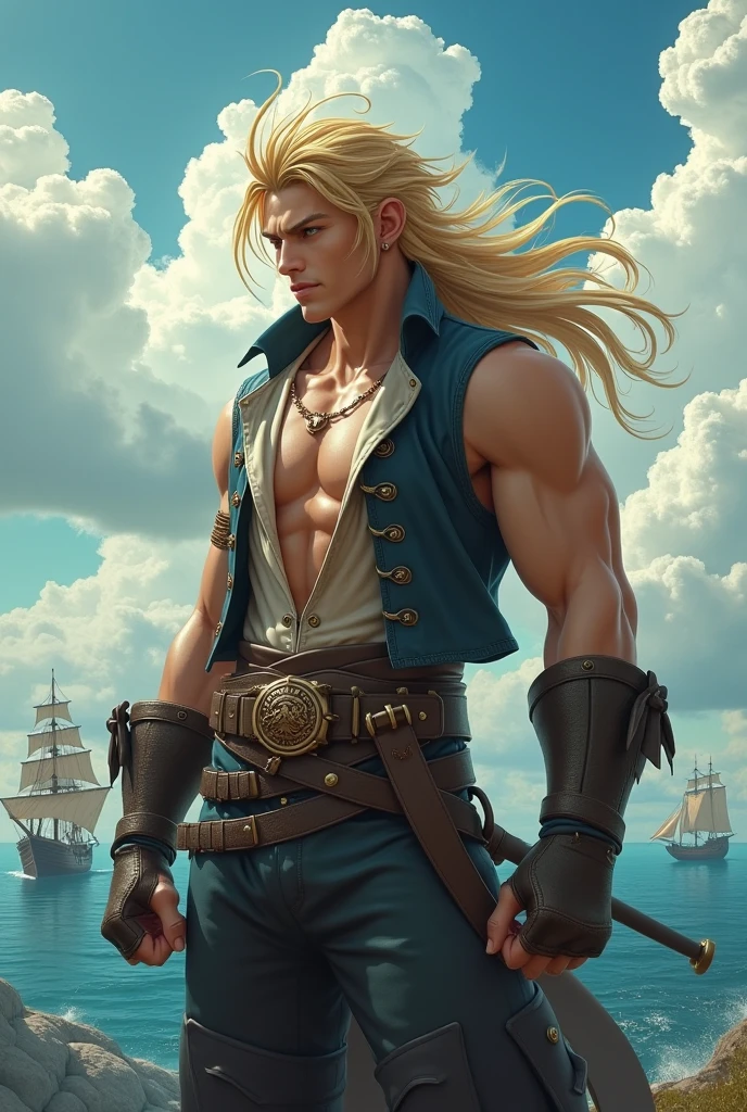 (Best Quality), (Ultra Fine), (Masterpiece), Illustrations, (Young Man), (Wheat Skin), Pirates,  Tiny Smiles, Scene on Board