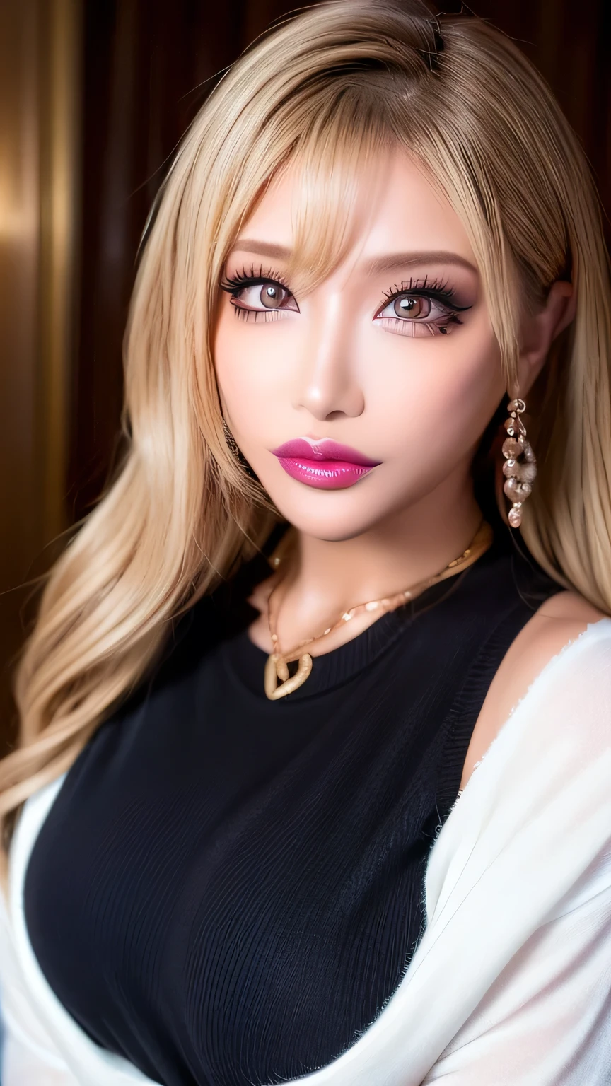 (Super Oconnor , Masterpiece, anatomically correct, textured skin, super detailed, highest quality, oconnor , 8k, bloom, front light :1.2, perfect dynamic composition), (24 years old, 1 person,sexy and gorgeous perversely nice woman, Cute and sexy tutor, G-cup big breasts, sexy face, gal makeup, 、 Half open sexy lips 、 Erectile Head、 Focus on big breasts、Strong appeal for big breasts、beautiful woman、( Black sweater , Sexy cleavage:1.1)、Perfect big breasts、( blonde alone :1.1)、 beautiful skin that shines with bright, shine glitter lip gloss、Metallic Lip、METALLIC LIQUID LIP COLOR,metallic lips, big lips,x ornament , ornament , duck face, duck mouth、 focuses on the lips, Brown lips 、 shiny lipstick 、 duck mouthにセクシーな唇、 half open duck mouth lips、 a lot of people stand out with clear images 、 bright color contacts 、Perfect gal makeup、 Perfect for an adorable companion 、( Dark makeup for women :1.2)、( dark brown beige around the eyes :1.1)、 Beautiful Bright Eye Shadow 、 dark sexy makeup around the eyes 、(Big Breasts:1.2)、 super long wavy hair 、(Romantic affection:1.1)、 amazing adult sex appeal The best smile he has when he sees me 、( there are many people that accentuate body lines ..:1.1)、( strongly blurry 、 a 。:1.1)、( The image is clear 、 jacket :1.1)、 accurate anatomy、 ultra HD hair、( Super Oconnor's Perfect Beautiful Teeth:1.1)、Ultra HD beautiful face 、 ultra HD hair、 crystal clear bang 、Ultra HD Shining Eyes、Shining Super Oconnor's Beautiful Skin、 Super Oconnor's Glossy Lips、 Harry Winston necklace